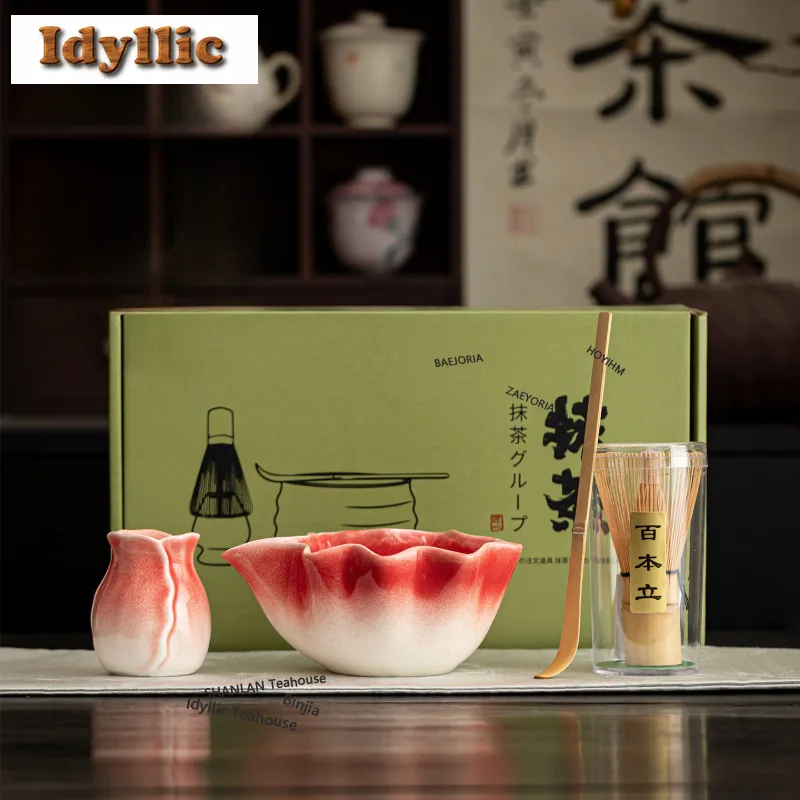 HOYIHM Floral Charm Flowing Glaze Tea Set Complete Set Japanese Matcha Set Kit Tea Making Tea Ordering Tools For Beverage Shop