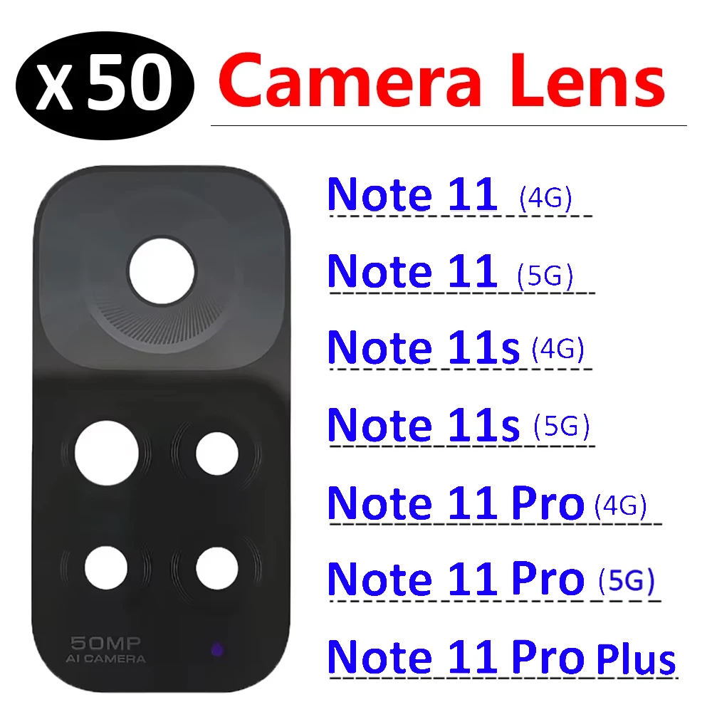 

50 шт./лот, стеклянные линзы задней камеры для Xiaomi Redmi Note 11 Pro Note 11s Plus 4G 5G с клейкой наклейкой