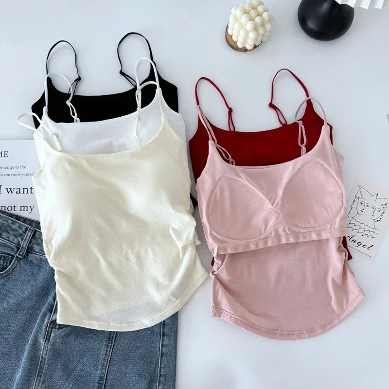 Pure Versatile Cotton Camisole Vest for Women Pleated Slim Fit Crop Tops with Chest Pad Sexy y2k Tank Top Fixed Cup Lingerie