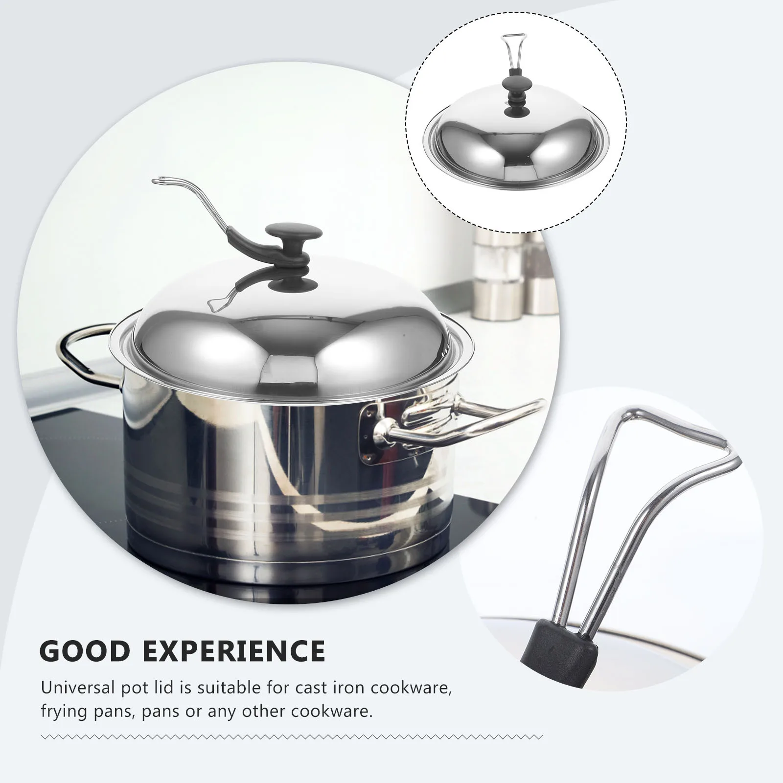 

1pc Stainless Steel Universal Pot Lid For Cast Iron Cookware Frying Pan Cover Kitchen Organizer Standable Cooking Accessory
