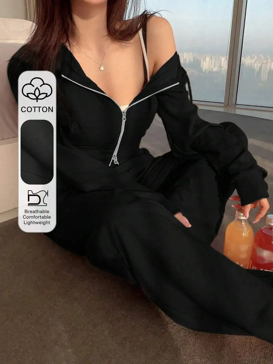 

Womens Black Cotton Zip-Up Two-Piece Lounge Set With Off-Shoulder Hoodie And Wide-Leg Pants