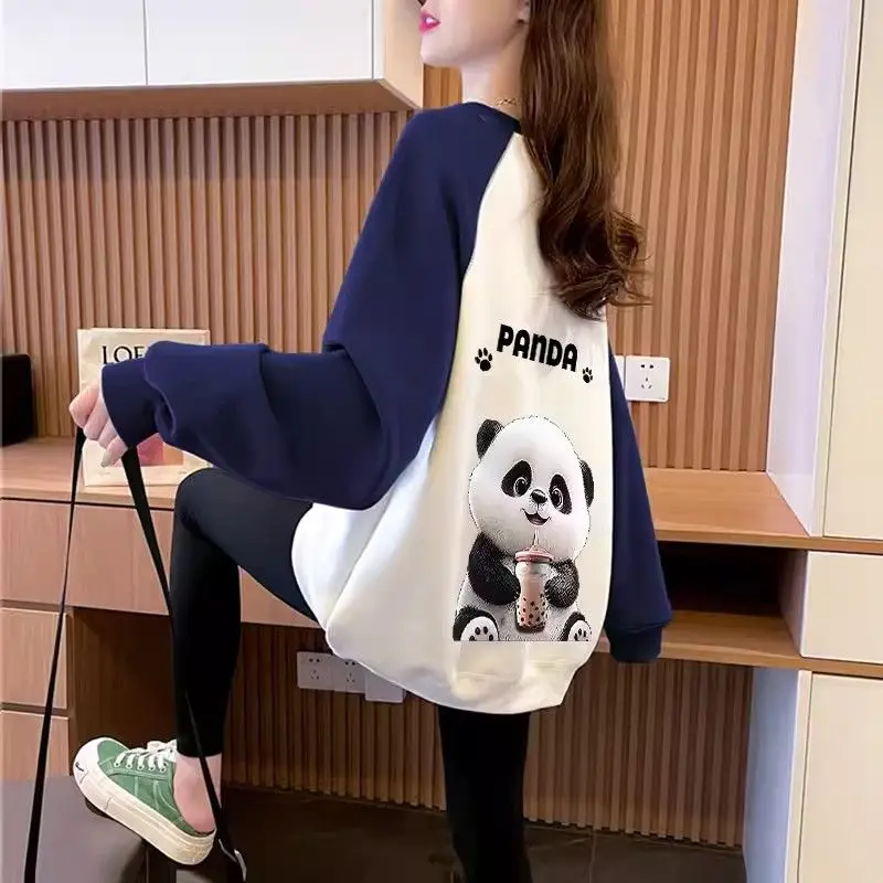 

2023 Spring and Autumn Fashion Casual Simple Round Neck Panda Print Raglan Sleeves Age Reducing Versatile Color Matching Sweater