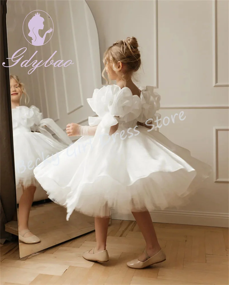 

Customized Ivory Flower Girl Dresses For Wedding Ruffles Knee Length Puffy Elegant Princess First Communion Formal Events Gown