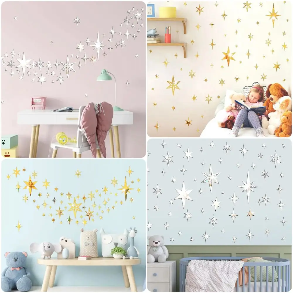 78PCS Multicolor Mirror Surface Wall Stickers Acrylic Self-Adhesive Wall Decals 3D Star DIY Accessories Star Wall Sticker