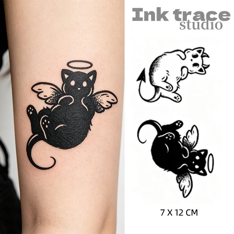 1/2PCS Devil Angel Cat Temporary Tattoo Sticker Realistic Ink Fake Tattoo Waterproof Lasting Body Art Tattoos for Women Men
