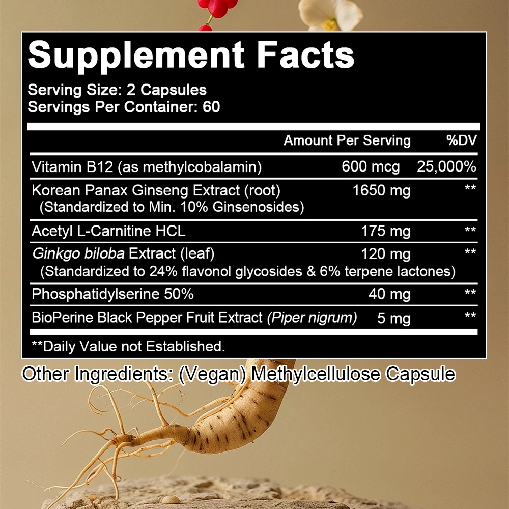 

Korean Red Panax Ginseng Supplement - with Ginkgo, Increases Energy, Strength, Vitality, Performance and Focus, Brain Health