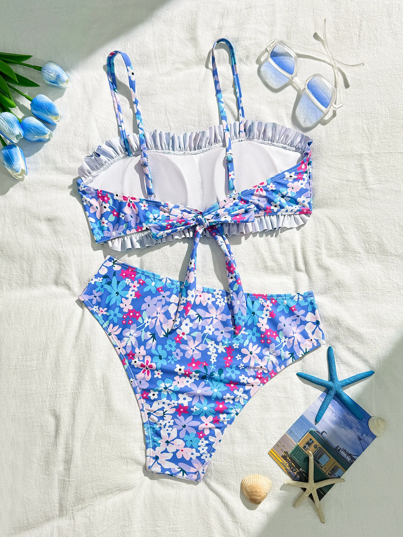 Sexy Blumendruck faltige Bandeau-Bikinis-Sets zweiteilige Tanga-Badeanzüge Bademode conjunto de bikini tankini beachwear biquini