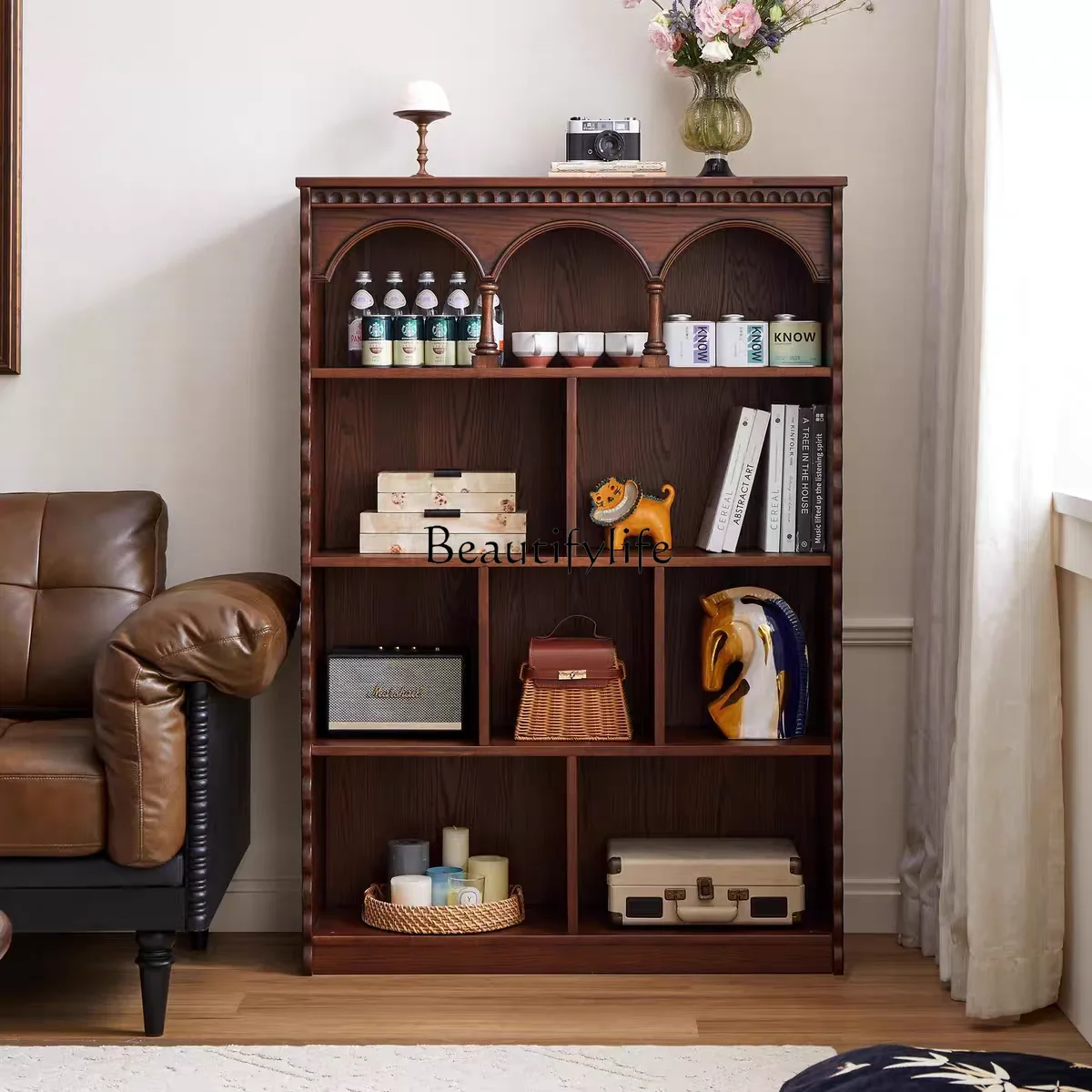 

55French retro solid wood bookcase, living room against the wall display, antique storage locker