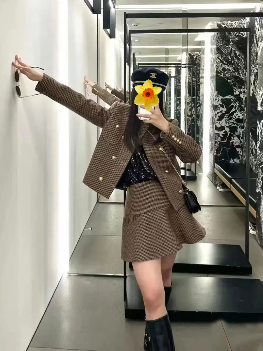 

YongLeap High Waist A-Line Umbrella Skirt Wool Blend Autumn Winter New Agel Plaid Print ort Skirt Women's Faion