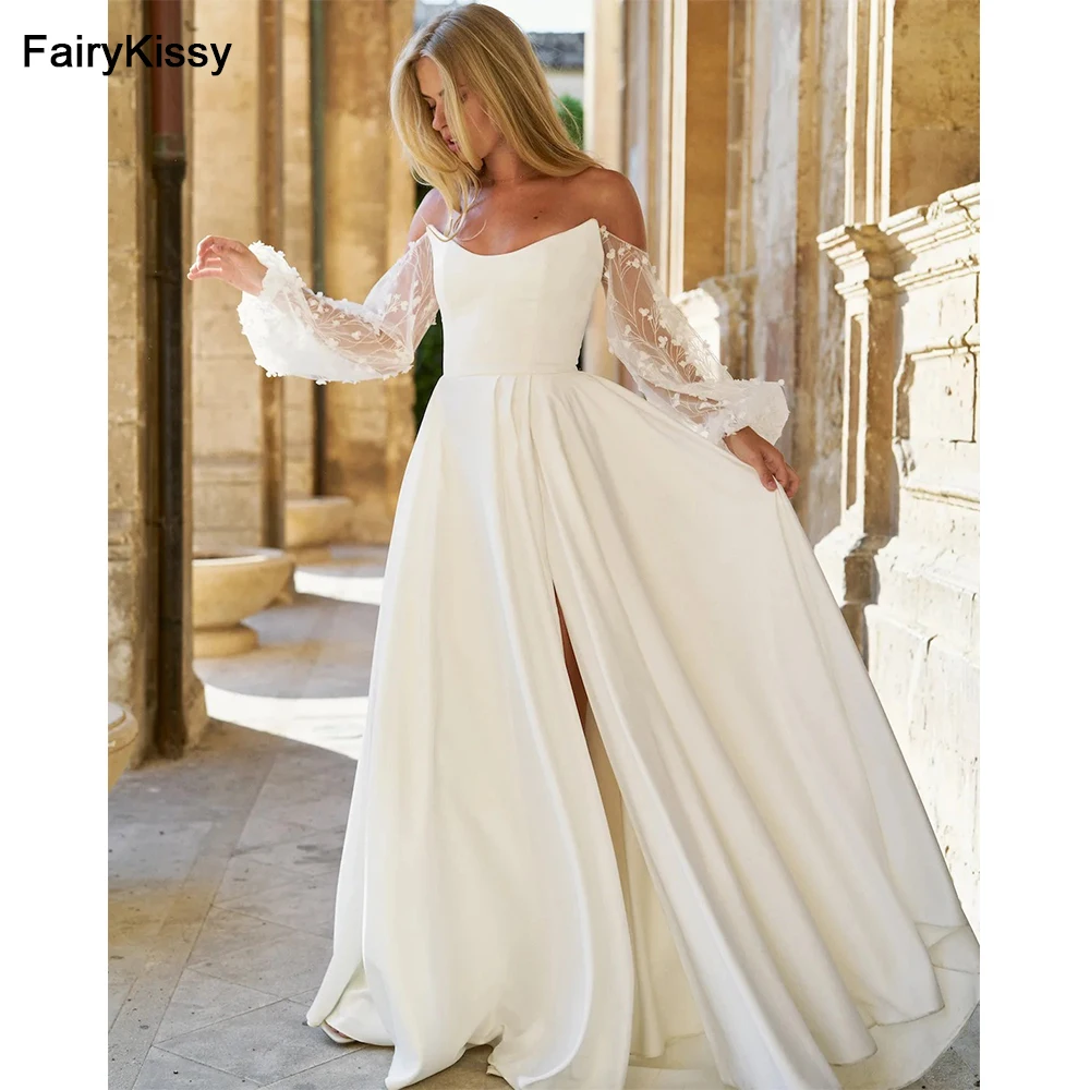 

FairyKissy 2025 New Slim Split A Line Wedding Dress Simple Off Shoulder Lace Bridal Dresses Vestido de Novia