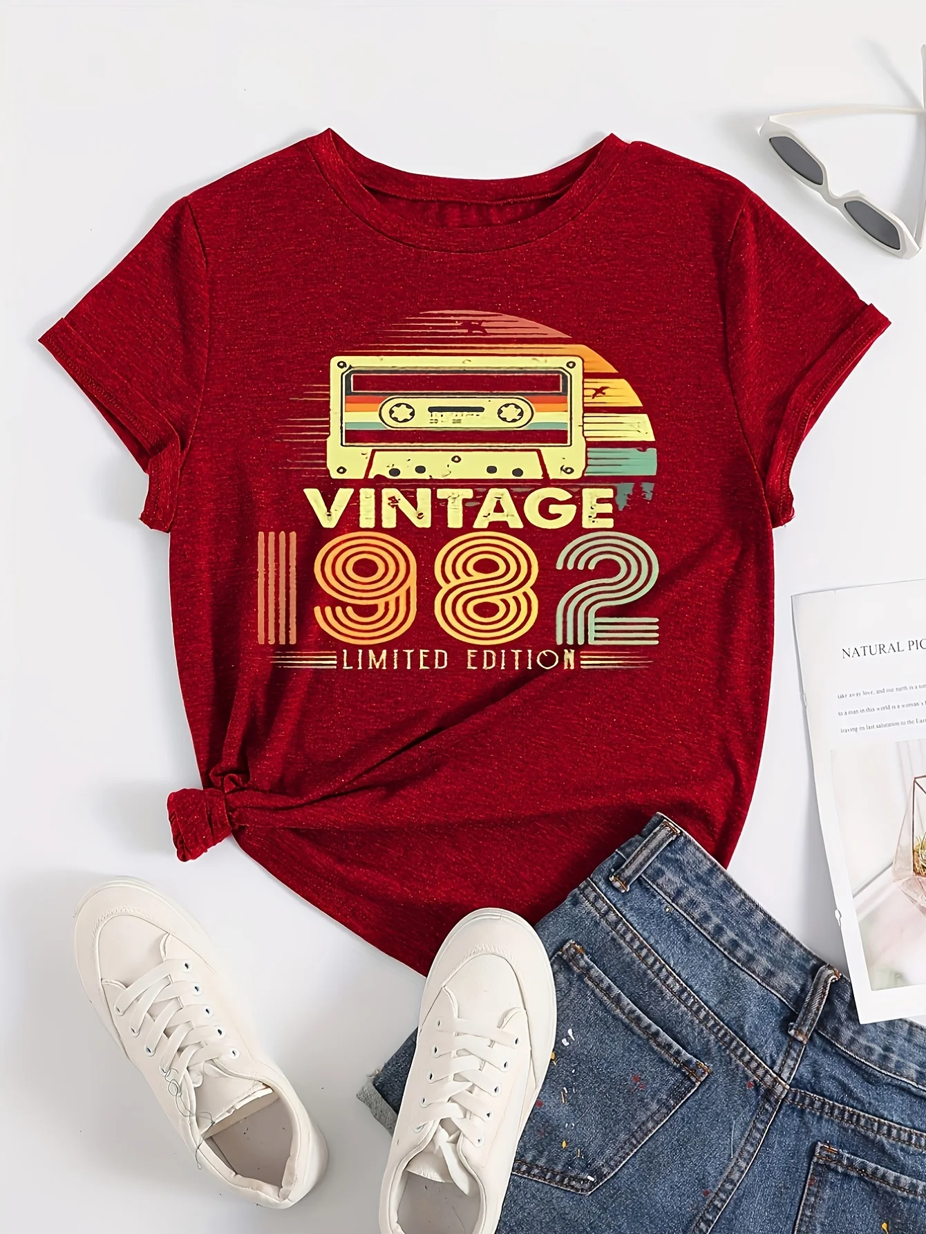 Vintage 1982 Letter Print Women T-shirt Casual Crew Neck Short Sleeve T-shirt Women\'s Clothing Female TopsTees