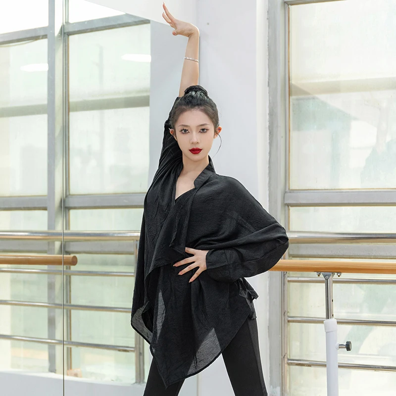 Loose Long Sve Latin Dance Practice orm Women's Adult Top V-Ne Training irt Slimming Dancewear Casual Fitn