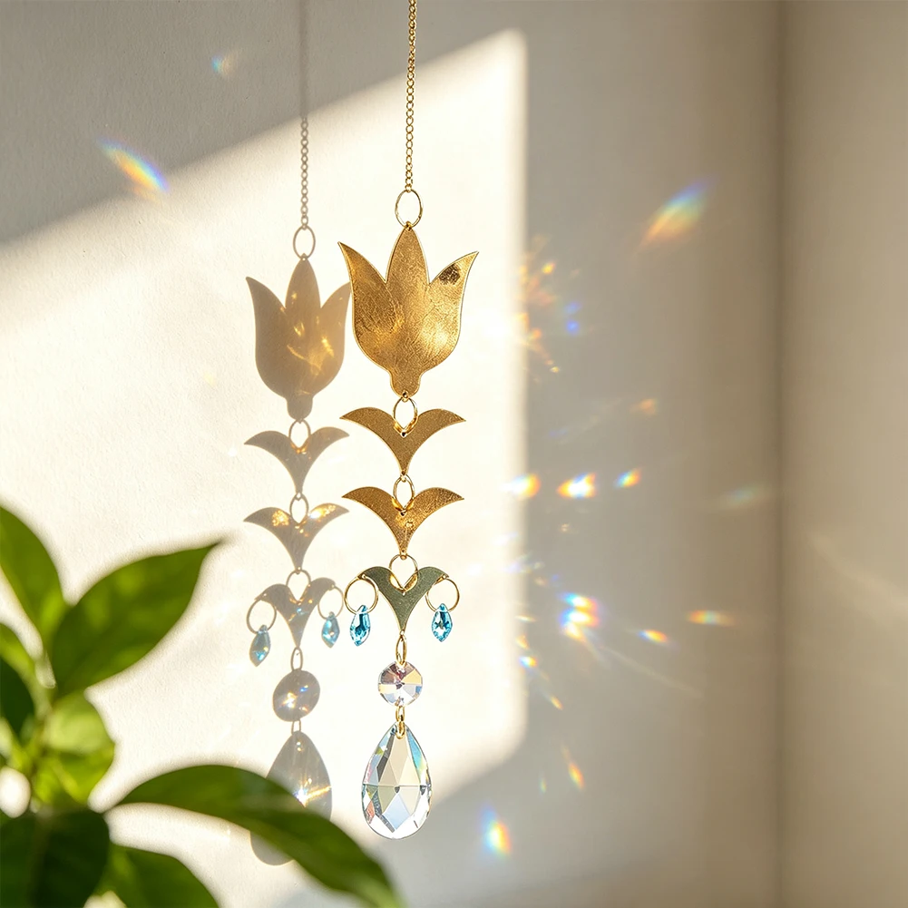 Tulpenförmiger Metall-Kristall-Sonnenfänger Regenbogen-Prisma Hängende Dekoration Fenster-Lichtfänger Anhänger Heim Garten Wanddekoration Geschenk – Detail 5