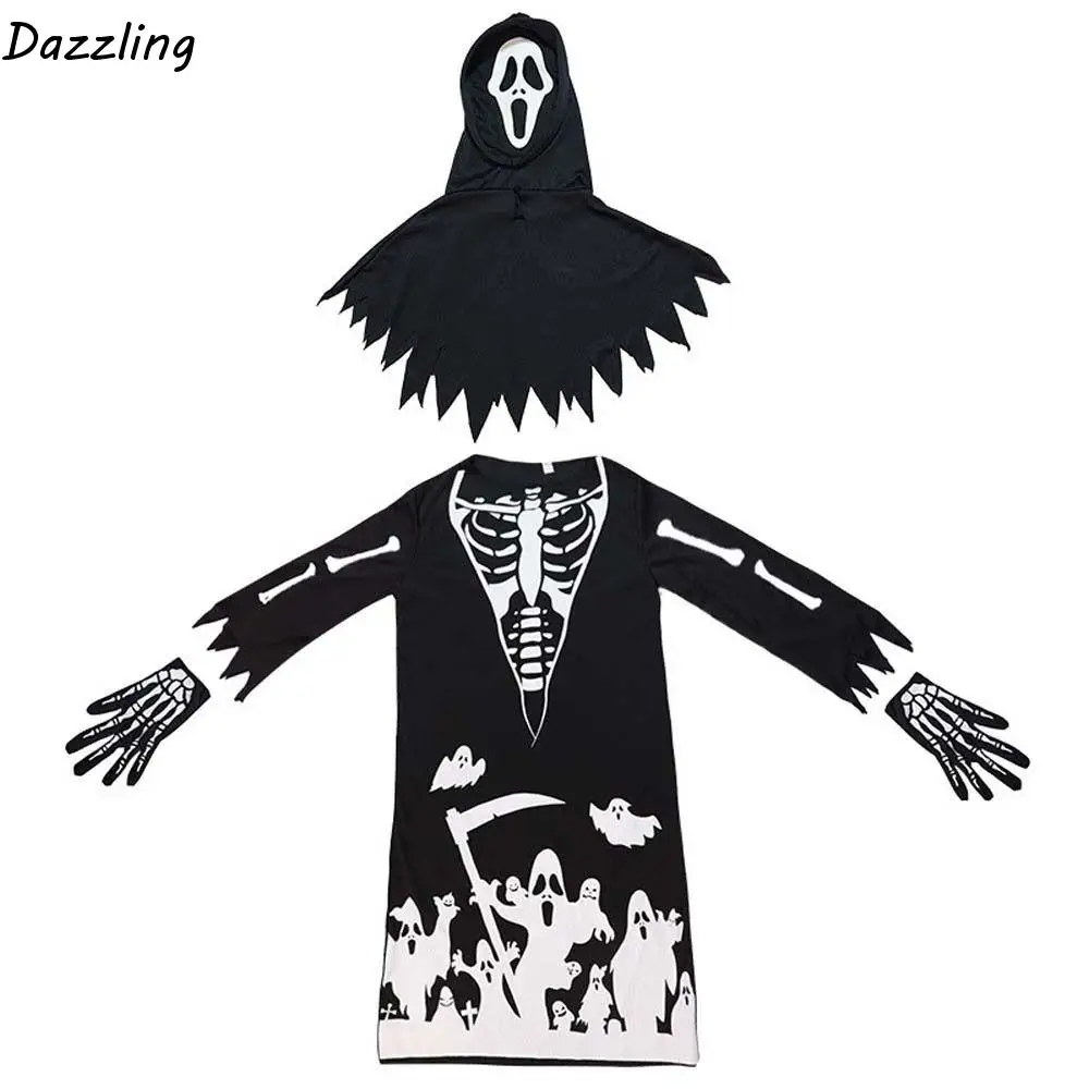 

Skeleton Ghost Luminous Halloween Cloak Performance Costumes Role Playing Kids Halloween Dress Up Death God Luminous