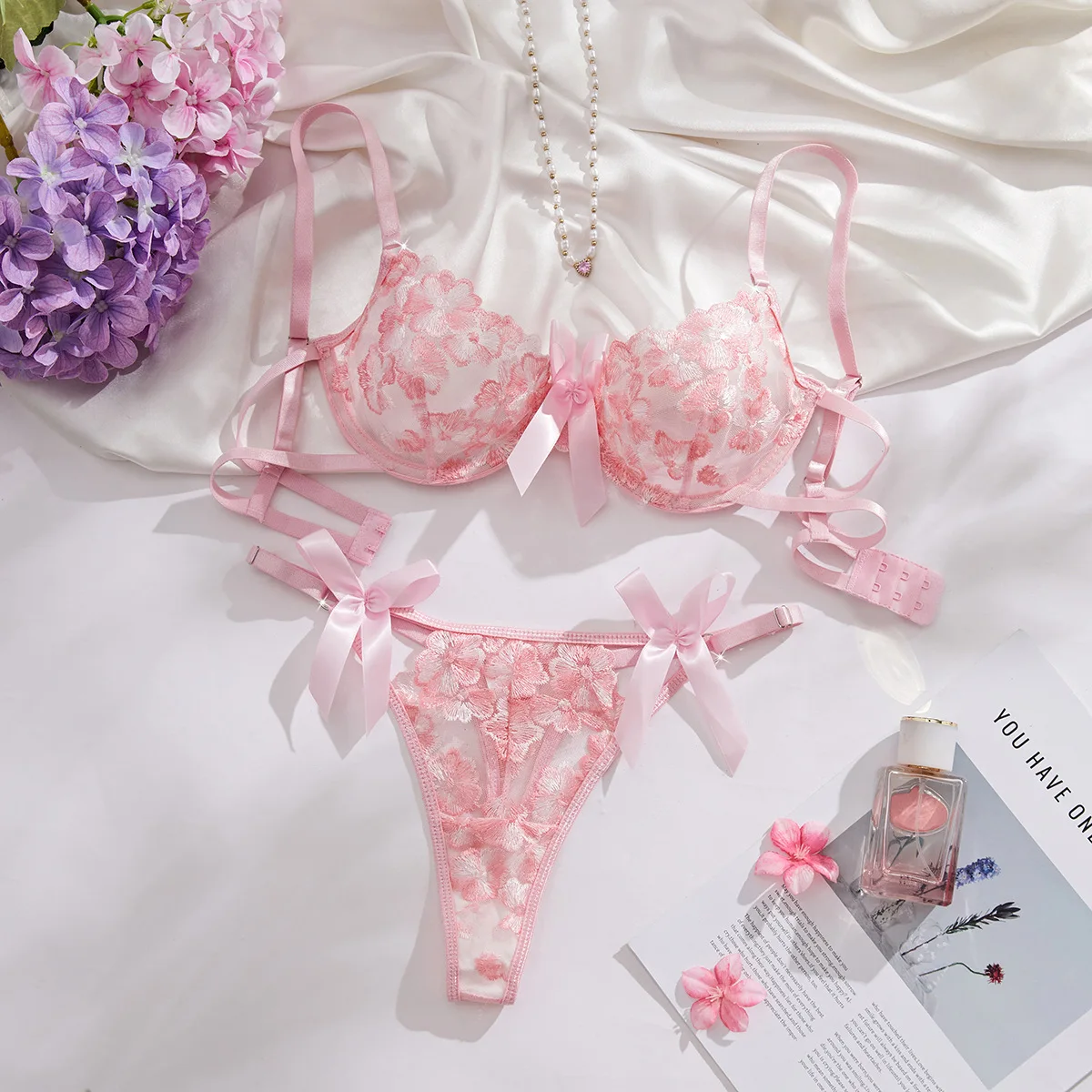 

Floral Embroidery Transparent Mesh Bra Brief Sets Ultra Thin Straps Flowers Lace Sexy Lingerie Half Cup Woman Underwear 2025