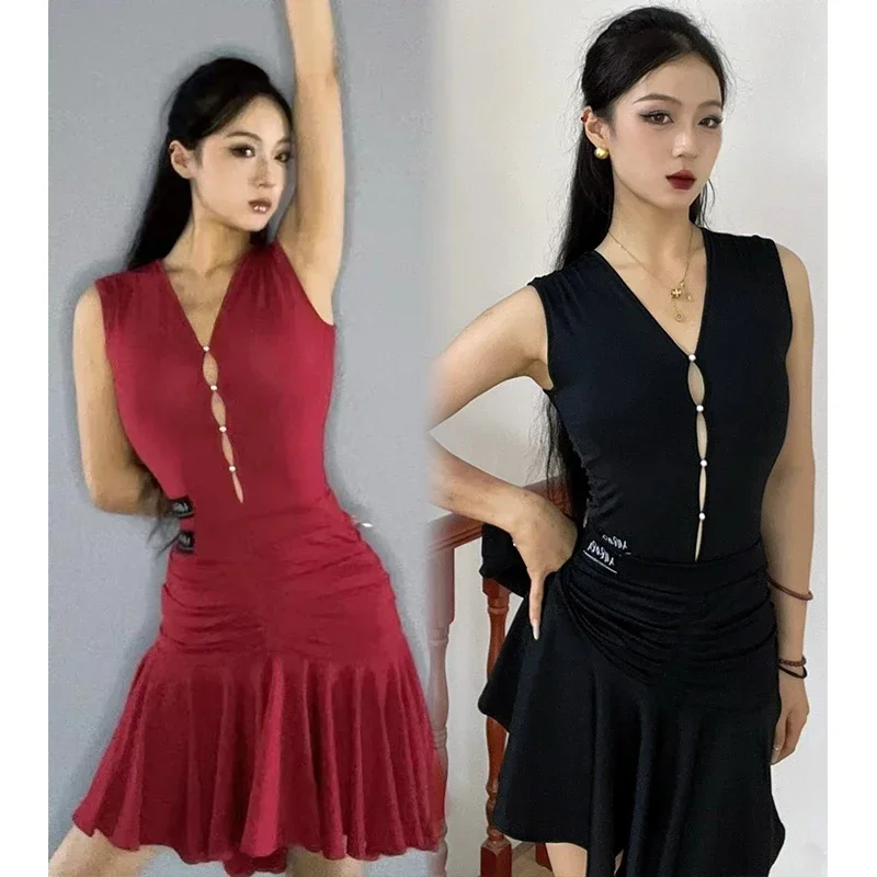 

Summer Latin Dance Clothes Women Hollow Out Tops Red Black Skirt Sleeveless Dress Adult Latin Rumba Practice Clothing DNV20985