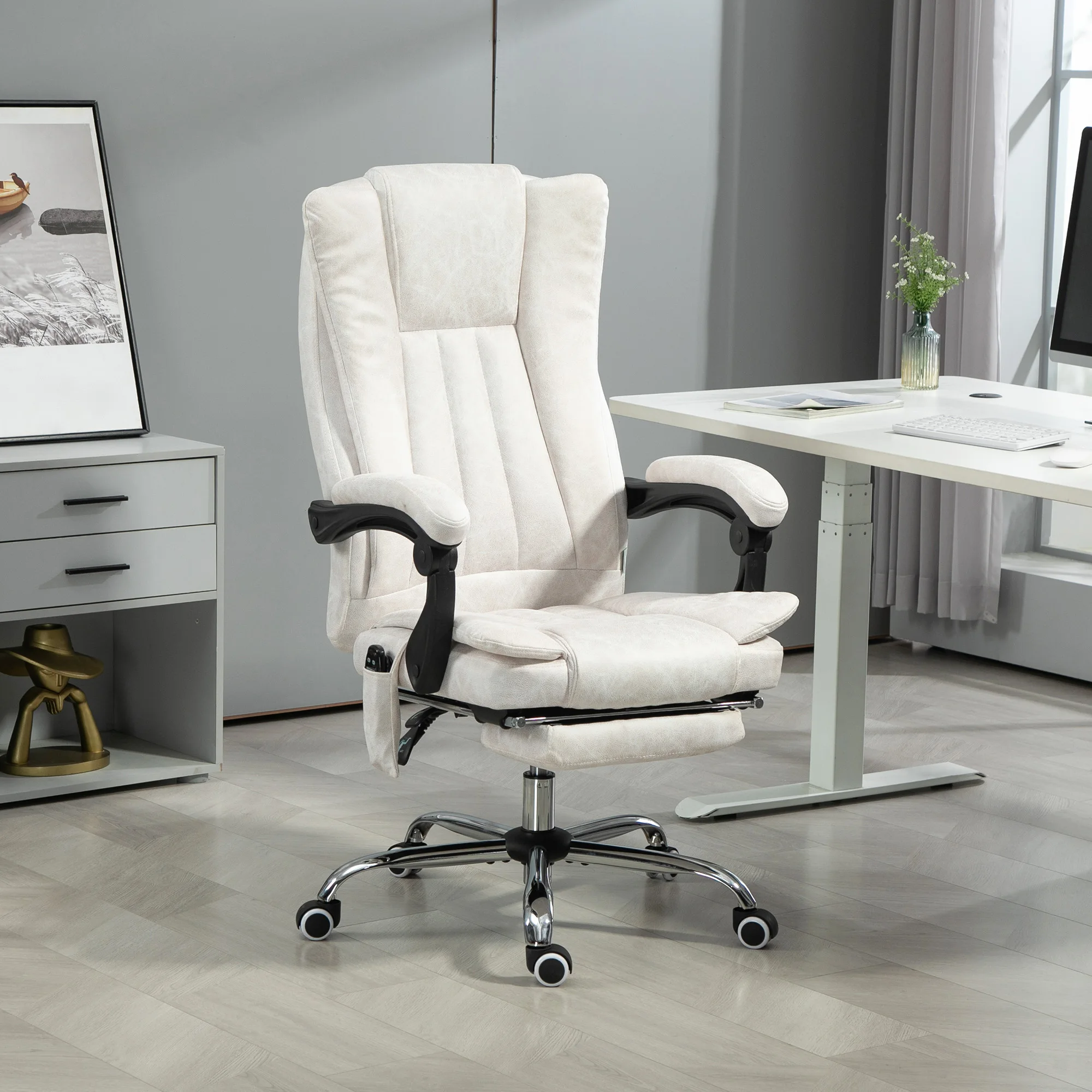 Massage Office Chair with 6 Points and Heat, Reclining Computer Chair with Adjustable Height and Footrest, White