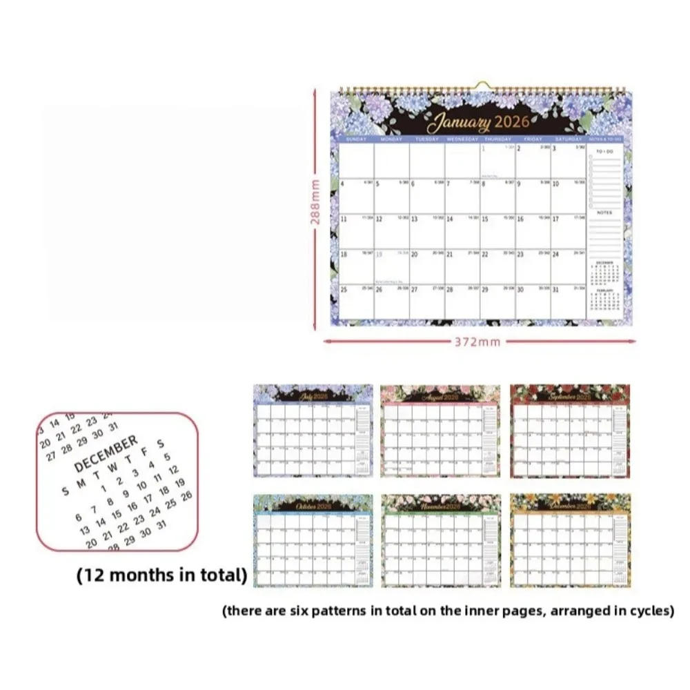 

New 2026 Jan.- Dec. Wall Calendar 12-Month Flower Pattern Hanging Calendar Wall Mount Spiral Binding Wall Planner Office Use