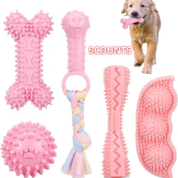 5-piece set of small dog teeth grinding toys, soft rubber cute pink dog toys, teeth cleaning toys, soft rubber rope dog toys, fu