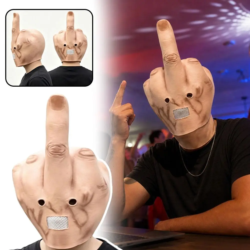 Natural Latex Funny Headgear Mask Middle Finger Full Head Latex Mask For Halloween Party Cross-dressing Prank DJ Performance
