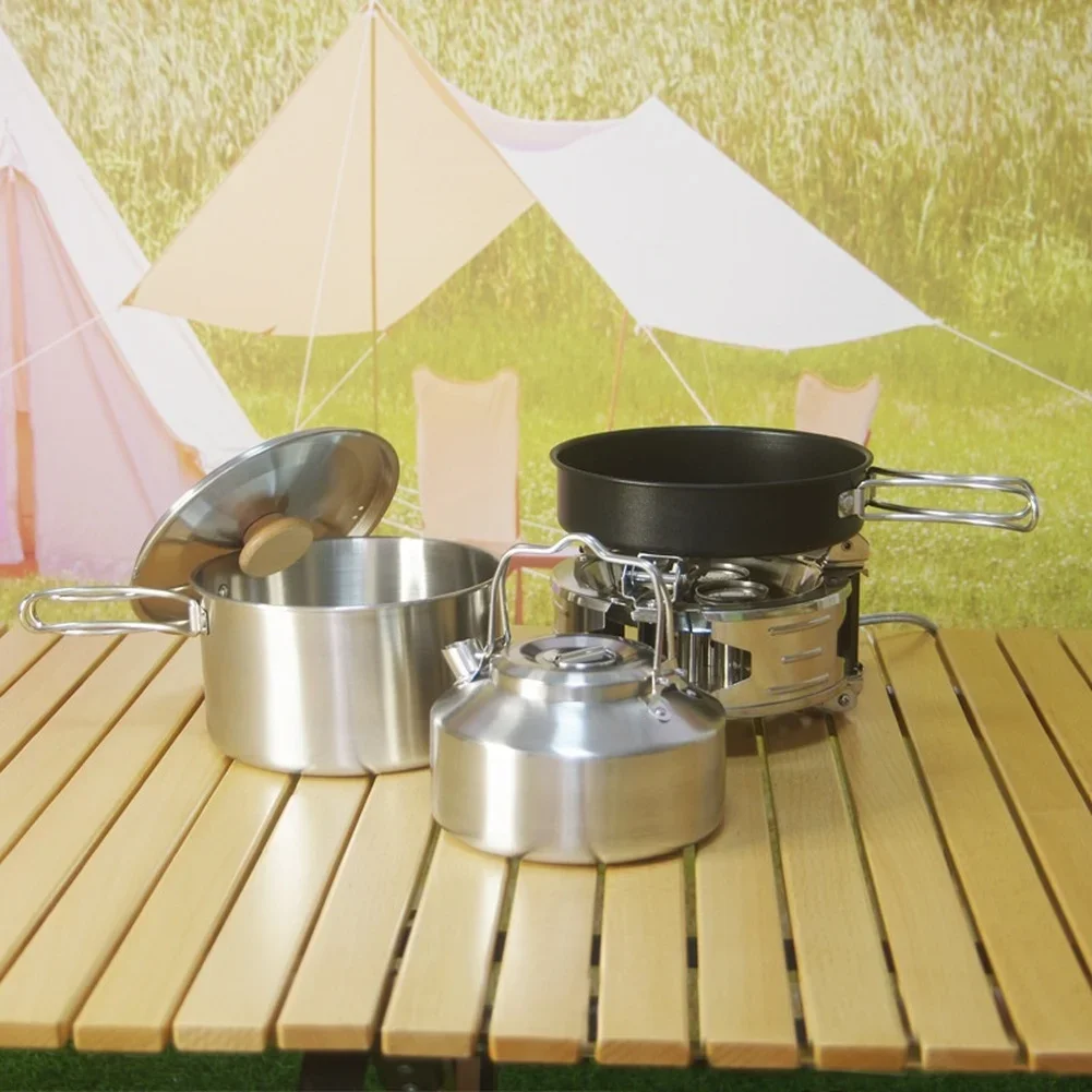 Portable Stainless Steel Camping Cookware Set with Stackable Design Non Coating for Outdoor Cooking Adventures