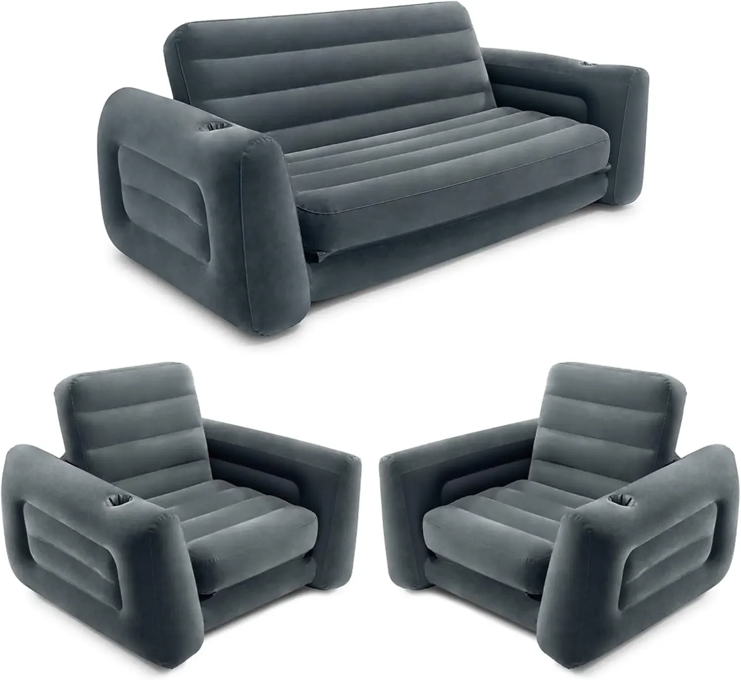 Inflatable Furniture Set with Pull Out Sofa Chair Queen Sized Air Bed Mattress and 2 Pull Out Sofa Bed Sleep Away Futon Couch