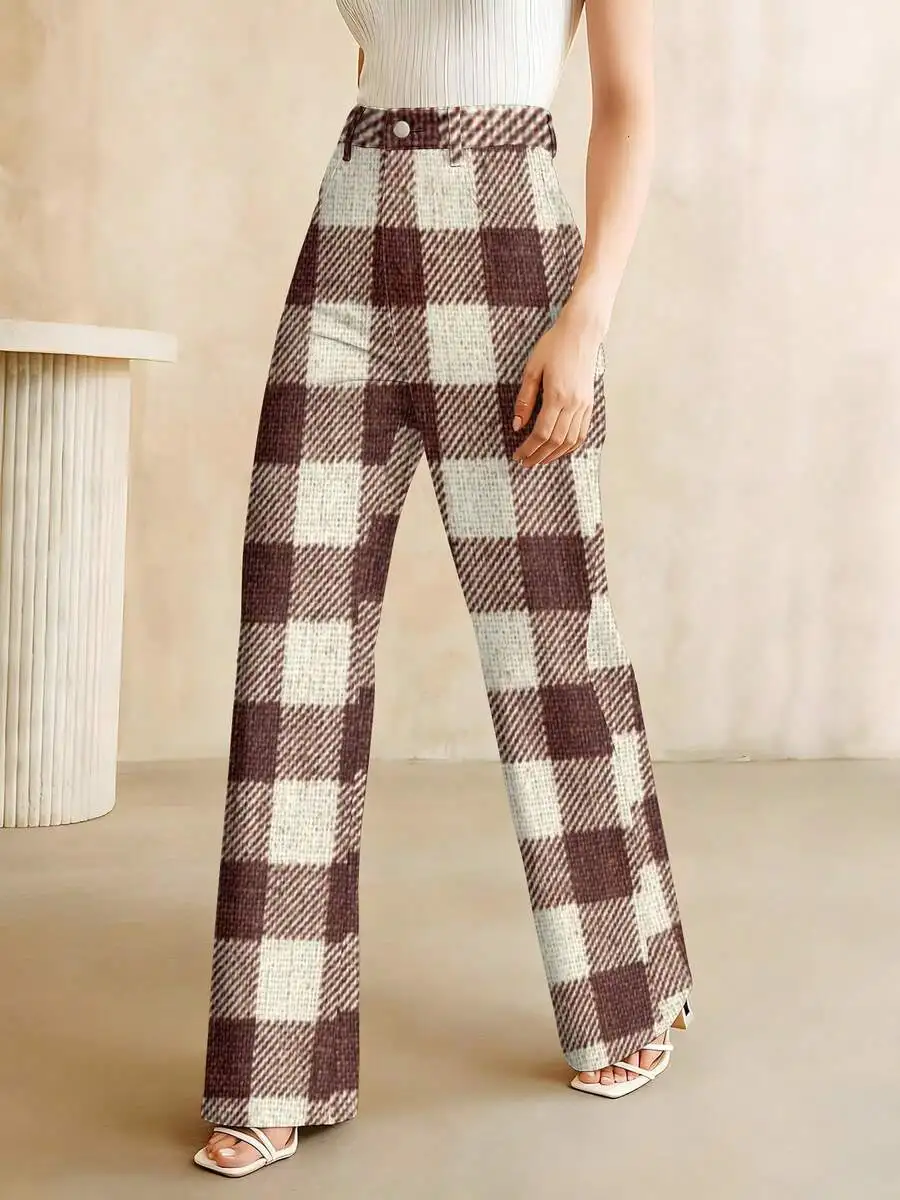 

Classic Plaid Wide Leg Jeans For Women Casual Loose Fit High Waist