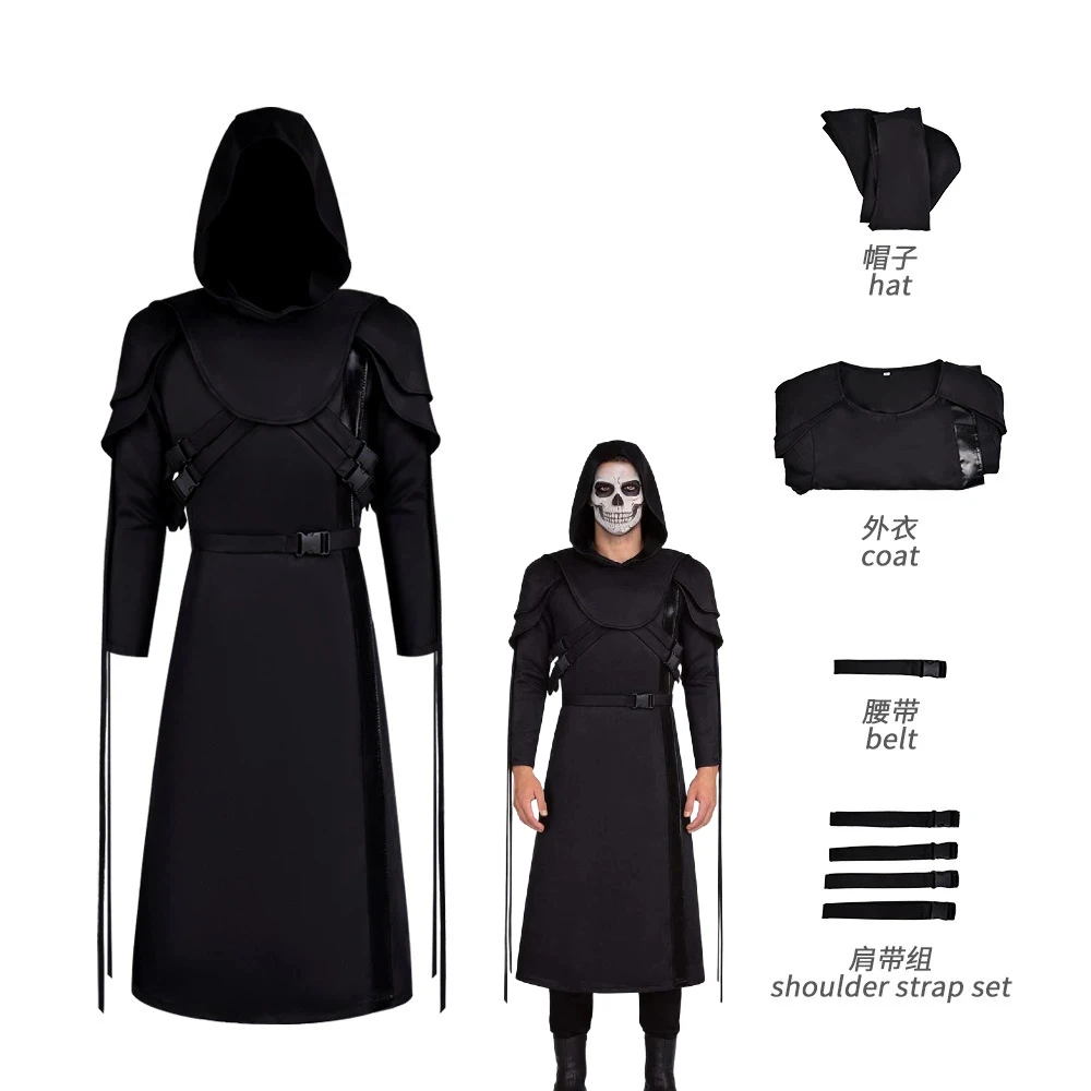 Disfraz de Guerrero Oscuro para Hombre de Halloween, Traje de Cosplay Gótico con Capucha y Túnica Larga, con Accesorios, Uniforme de Juego de Rol de Fantasma, Disfraz Medieval