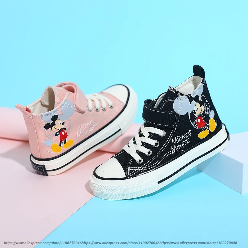 Disney Children Casual Shoes Mickey Mouse High Top Boys Black Canvas Shoes Student Lace up Sneakers for Kids Boys Shoes Size 37