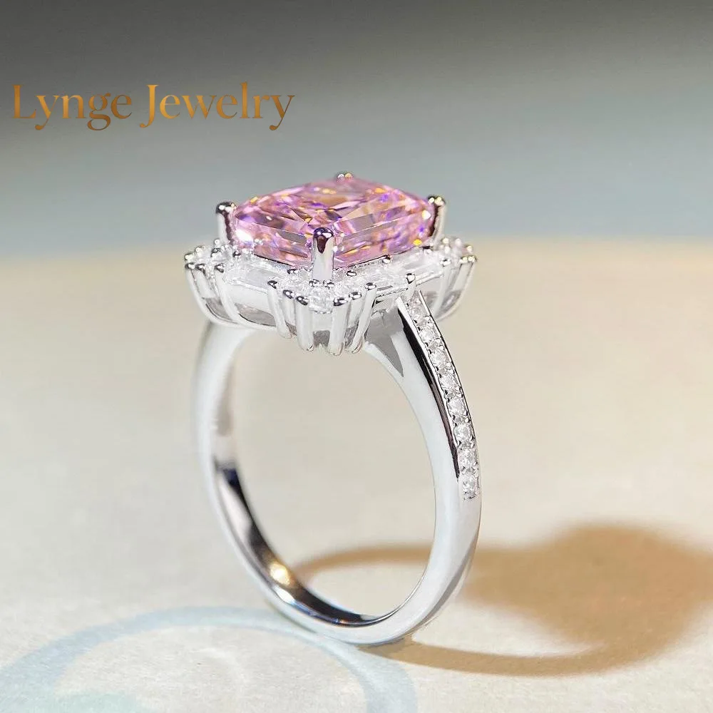 

Lynge Jewelry Luxury white gold solid platinum PT950 Women's full-diamond cherry blossom pink square moissanite ring