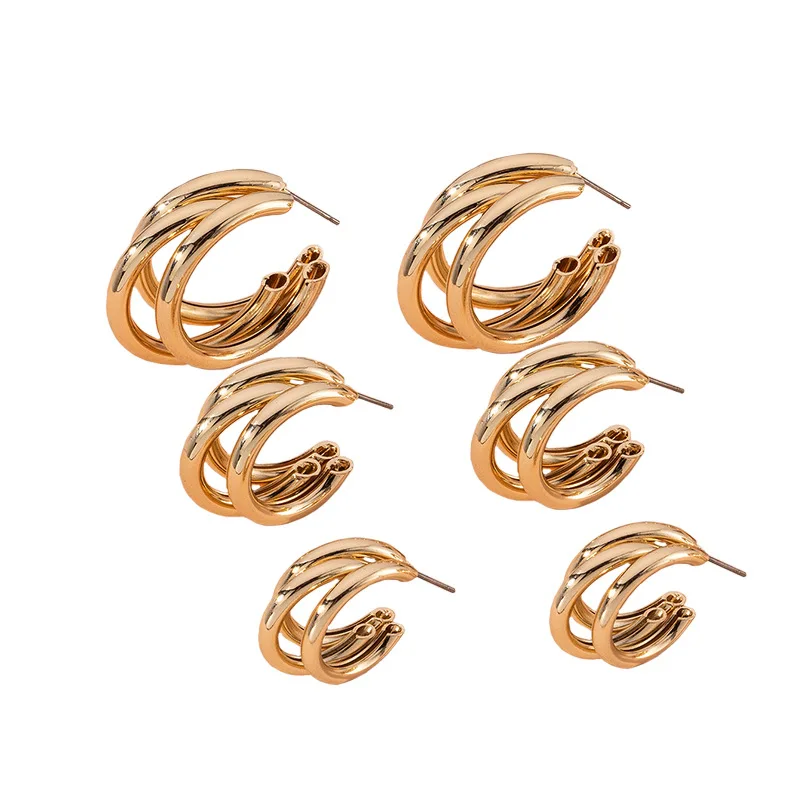 Lightweight Jewelry Wholesale 2024 Classic Fashion Gold Color Alloy Metal Bold Chunky Triple Tube Hoop Earrings for Women