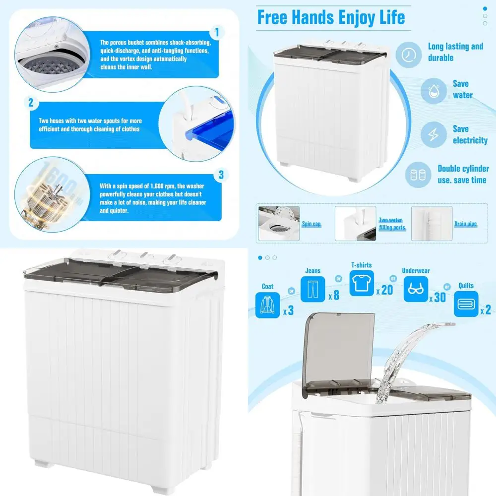 

Компактная стирально-сушильная машина с двумя баками, 28 фунтов, с удлиненным шлангом для автодомов, общежитий и небольших помещений (серая)