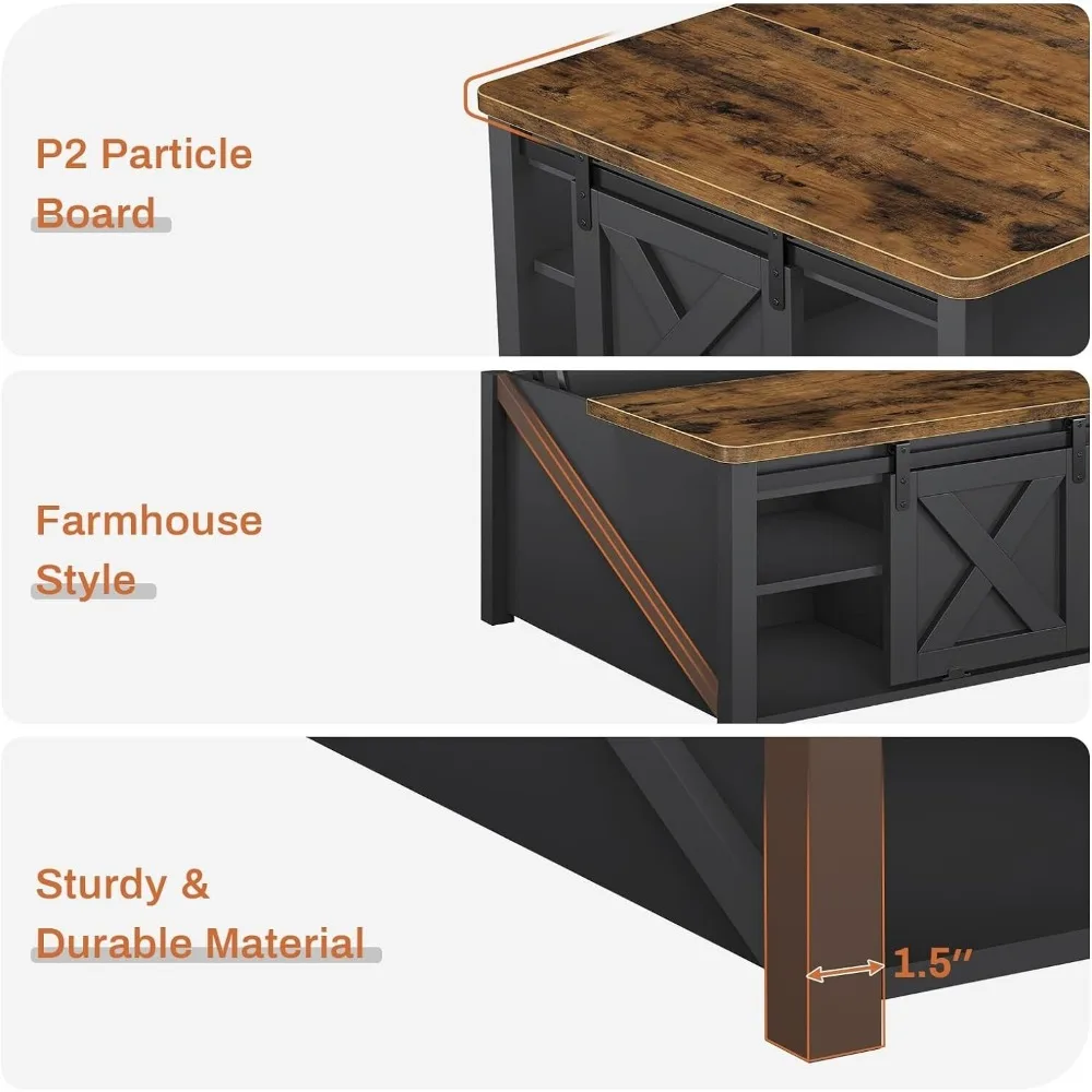 Lift Top Coffee Table with Sliding Barn Door &Storage Shelf, Square Coffee Table