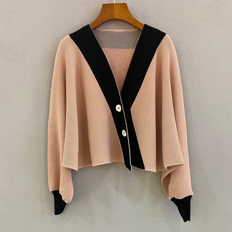 Casual Cardigans For Women's Clothing 2023 Autumn Fashion Simple Patchwork V-Neck Batwing Loose Stretch Slimming Short Jackets