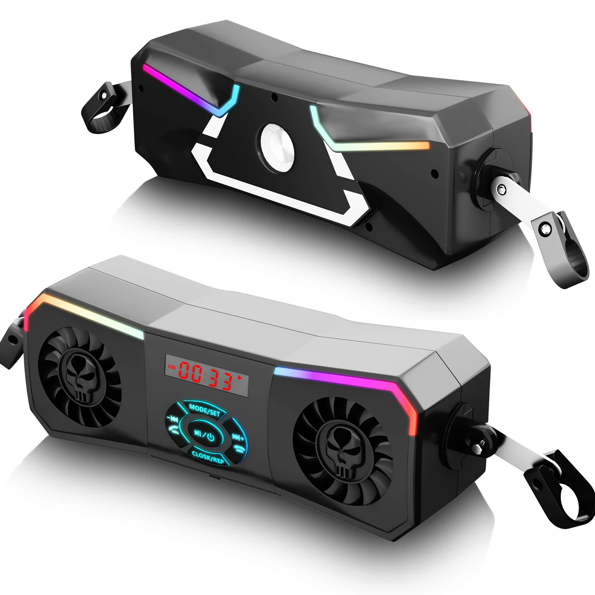 

Motorcycle Speakers Wireless Stereo Audio System 12V Handlebar Mount MP3 Player AUX-in USB FM Radio No Charging Function Without