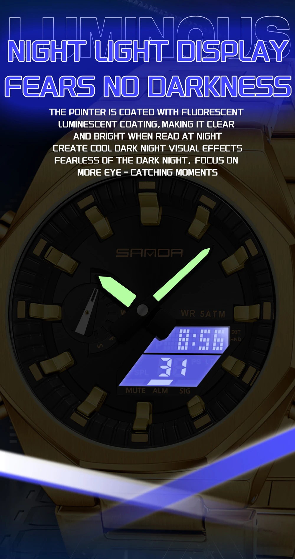 SANDA 3376 นาฬิกาผู้ชาย 2025 ใหม่นาฬิกาอิเล็กทรอนิกส์เหล็กแนวโน้ม Cool นาฬิกาปลุกมัลติฟังก์ชั่นนาฬิกาสําหรับชายนาฬิกาของขวัญ