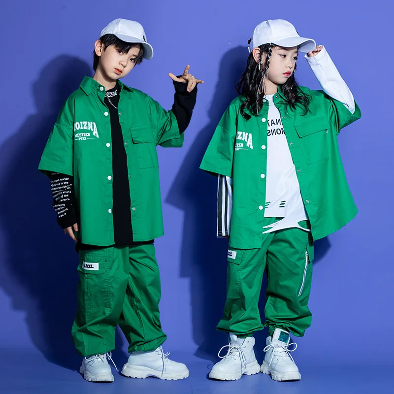 ห้องบอลรูมHip Hop Danceเครื่องแต่งกายสําหรับสาวสีเขียวเสื้อกางเกงKpopชุดเด็กStreetwear Jazz Stageเสื้อผ้า