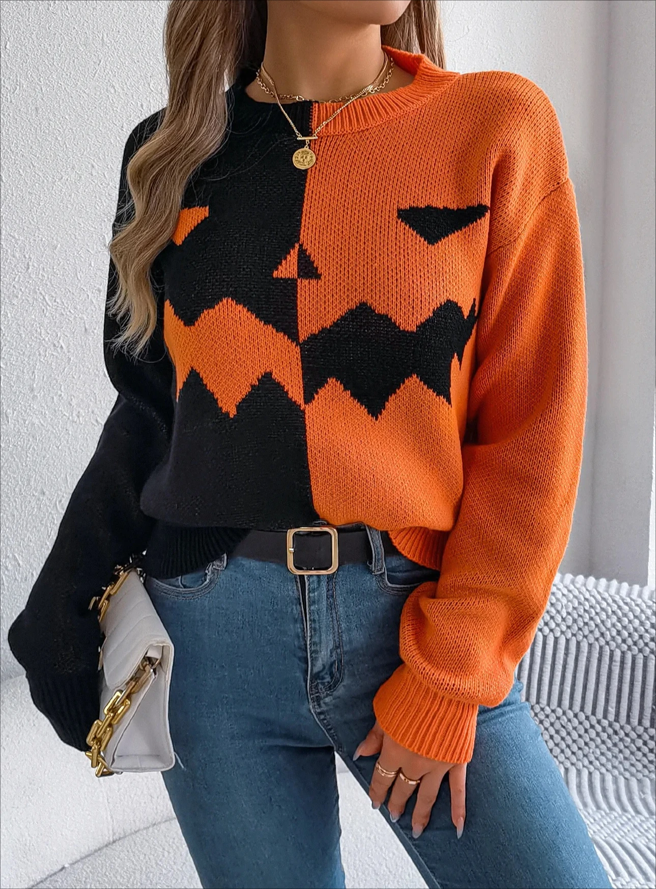 

Autumn Winter Casual Round Neck Long Sleeve Knitted Pullover Halloween Women's Contrast Color Pumpkin Pattern Sweaters