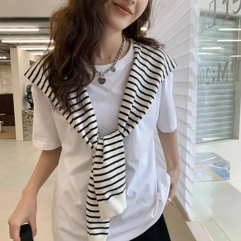 Camicetta da donna spalle scialle lavorato a maglia stile coreano collo finto mantello sciarpa annodata a righe protezione per il collo Scarve vestiti decorazione