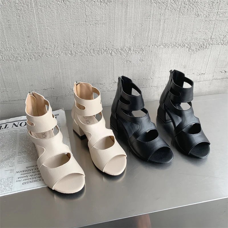 Open Peep Toe Ankle Boots Summer Cut Out Hollow Sandals Chunky Cuban Low Heel Booties Casual Shoes Girl Sandals Apricot Black