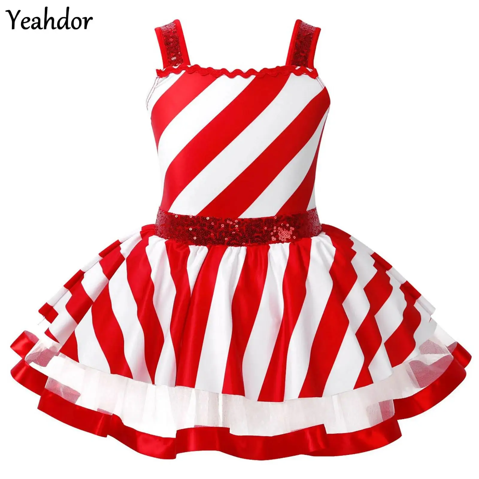 

Girls Candy Cane Striped Mesh Tutu Ballet Leotard Dress Sequin Christmas Dance Costume Sleeveless Figure Ice Skating Performance