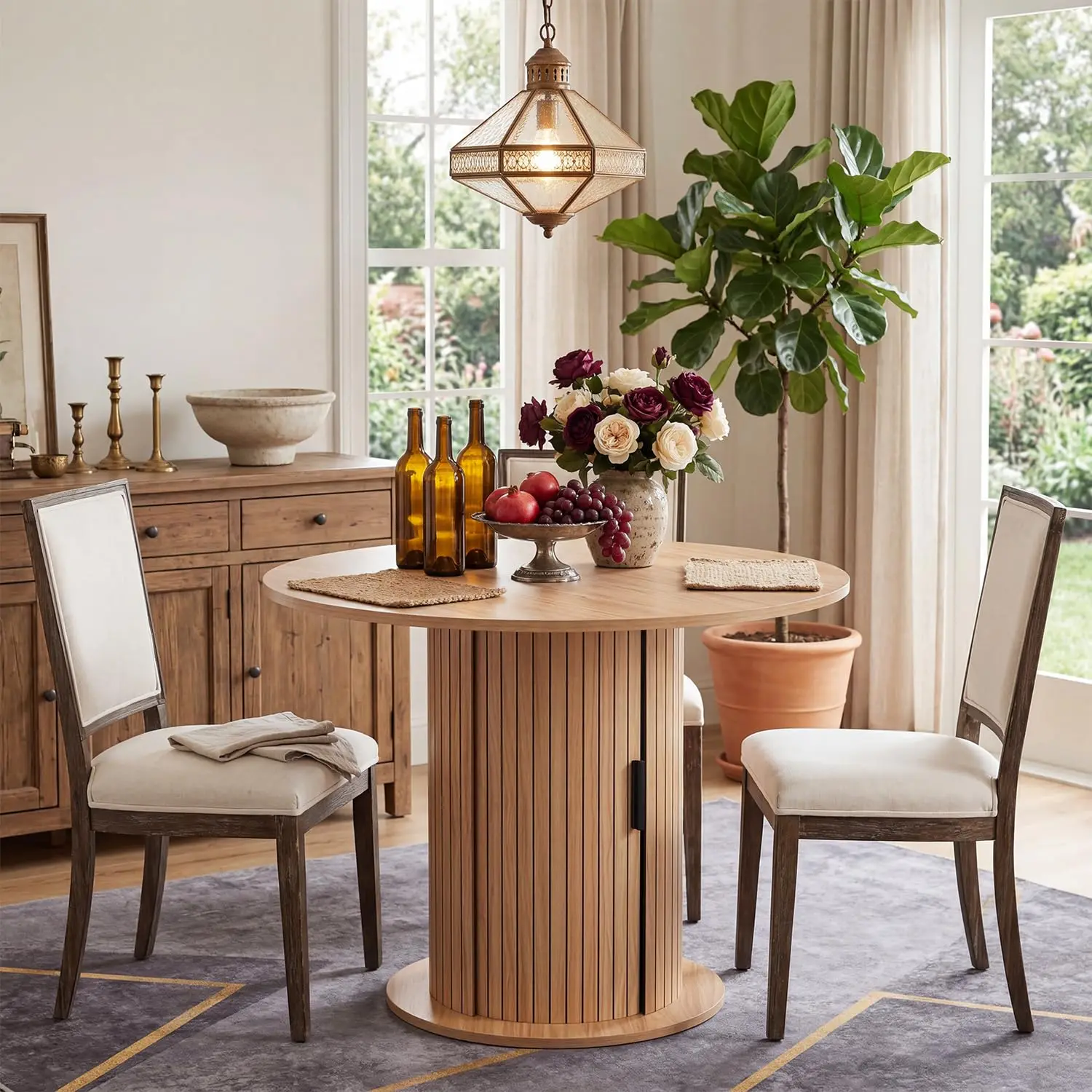31.5in Round Dining Table For 2-4, Space Saving Kitchen Table With Center Storage, Farmhouse Wood Table For Homes & Dining Rooms