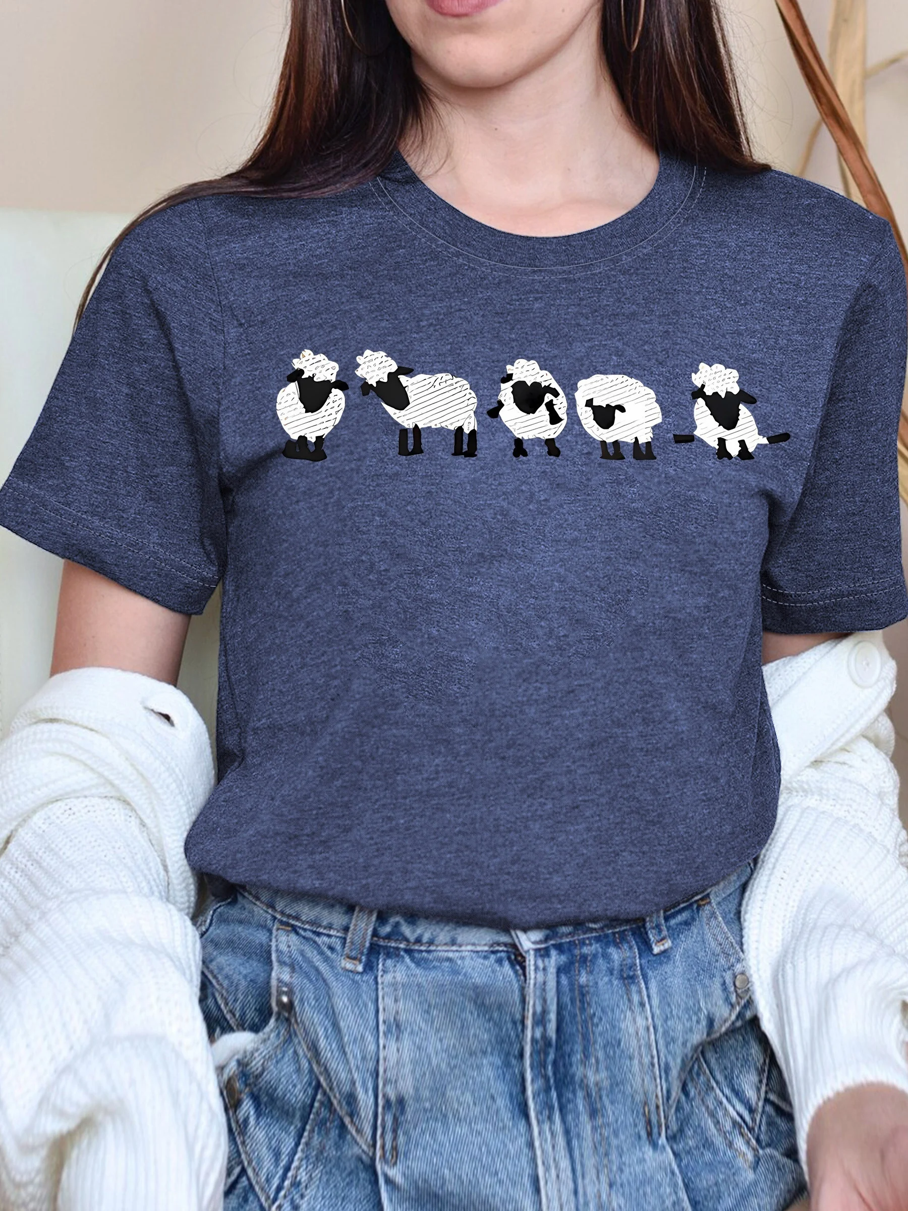 Cute Striped Sheep Women's Tee - Farm Animal Graphic, Casual Green Top