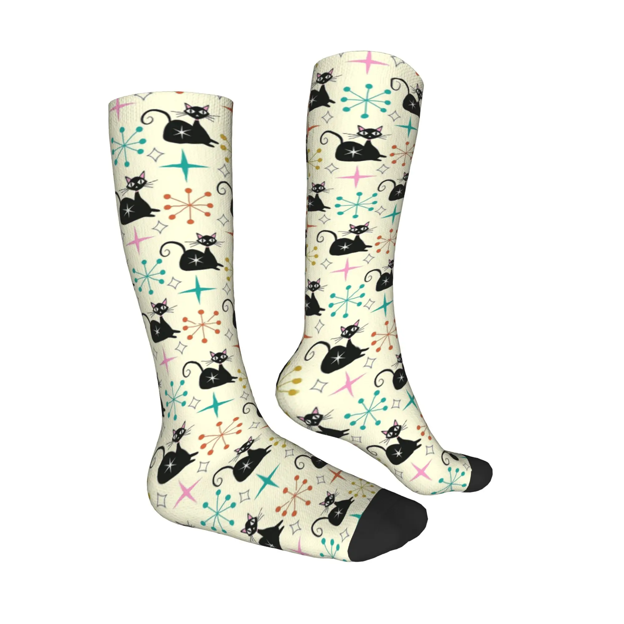 オールシーズン クルー ストッキング ミッドセンチュリー ブラック アトミック キャット スターバースト ソックス カジュアル ロングソックス アクセサリー メンズ レディース ギフト