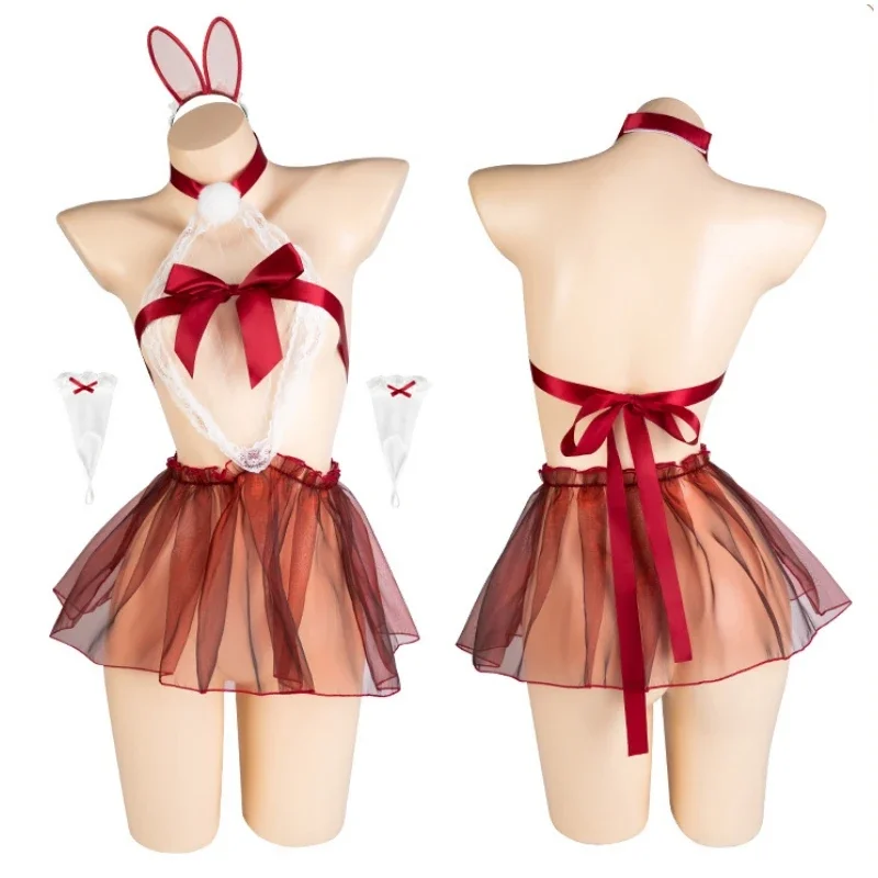 

Sexy Christmas Lace Bunny Uniform Cosplay Costume Mesh See Through Nightdress Xmas Santa Claus Role Play Outfits Red Underwear
