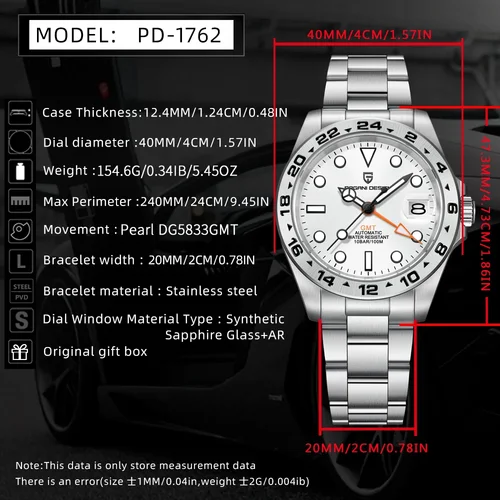 Imagen 2 del producto Reloj Mecánico Automático GMT para Hombre, Diseño Pagani 2025, Nuevo Modelo, Zafiro de Primera Calidad, Acero Inoxidable, Resistente al Agua 10 Bar, BGW