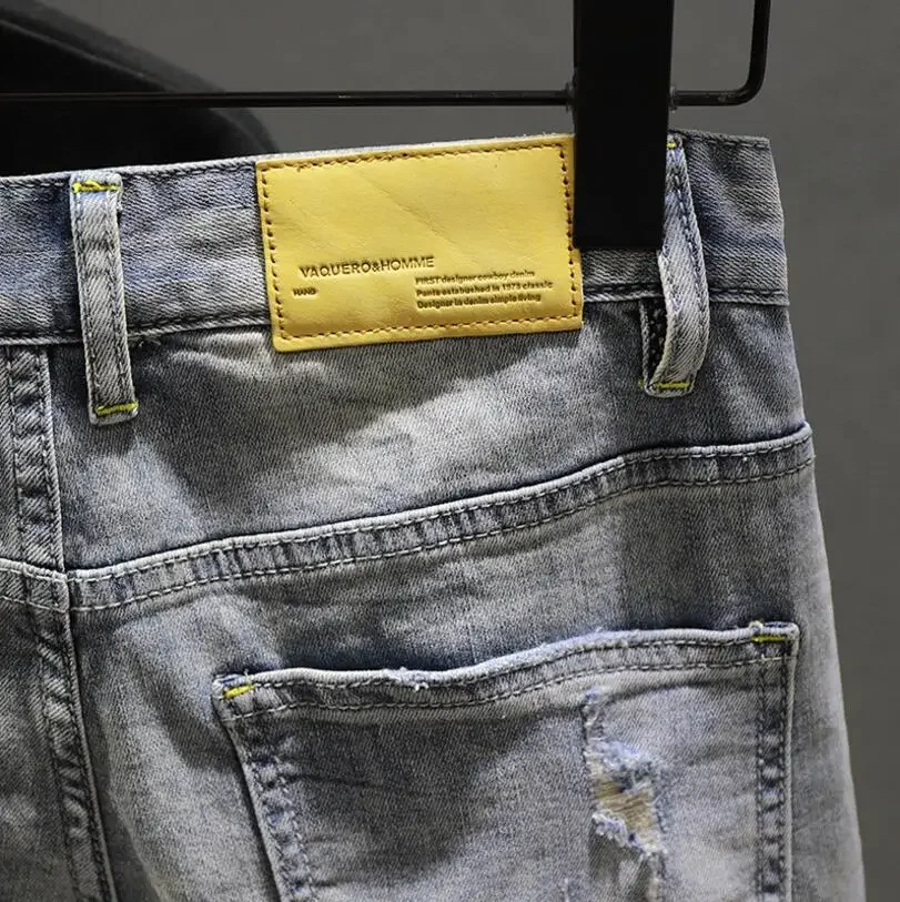 Men Blue Denim Shorts Jeans Stretch Elastic Denim Shorts Hight Quality Male Cotton Straight Fit Jeans Shorts Thin Holes Jeans