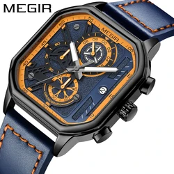 MEGIR Square Dial Watch Men Waterproof Chronograph Military Male Clock Top Brand Luxury Leather Auto Date Man Sport Wristwatch