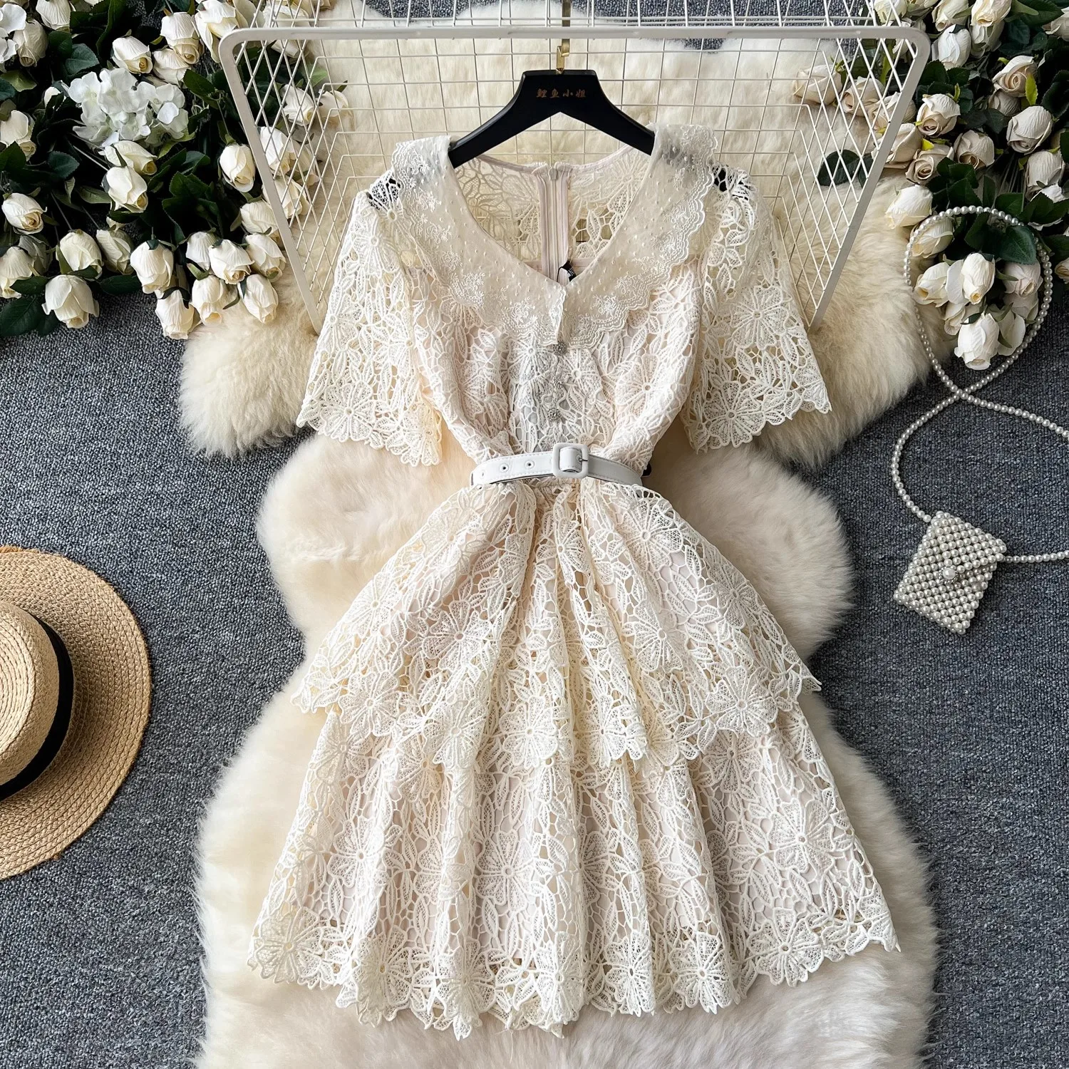 

Vintage Elegant Crochet Lace Hollow Out Tiered Dress Fashion Summer Short Sleeve Embroidery Flower A-Line Vestidos Women Dresses