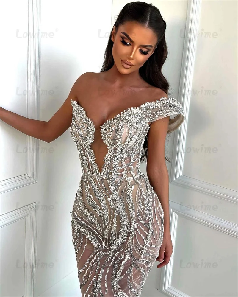Illusion Off The Shoulder Silver Prom Dress 2024 Mermaid Wedding Party Dress Beaded Crystals Luxurious Evening Gowns For Women